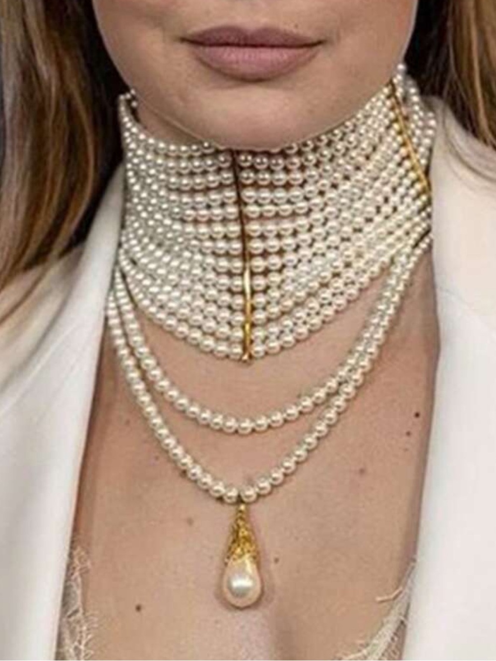 Layered Pearl Necklace With Teardrop Tassel